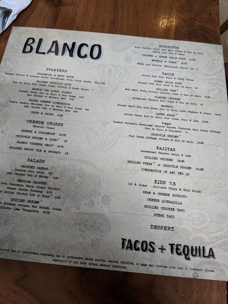 Menu at Blanco Tacos and Tequilas restaurant, Phoenix, E Sky Harbor Blvd