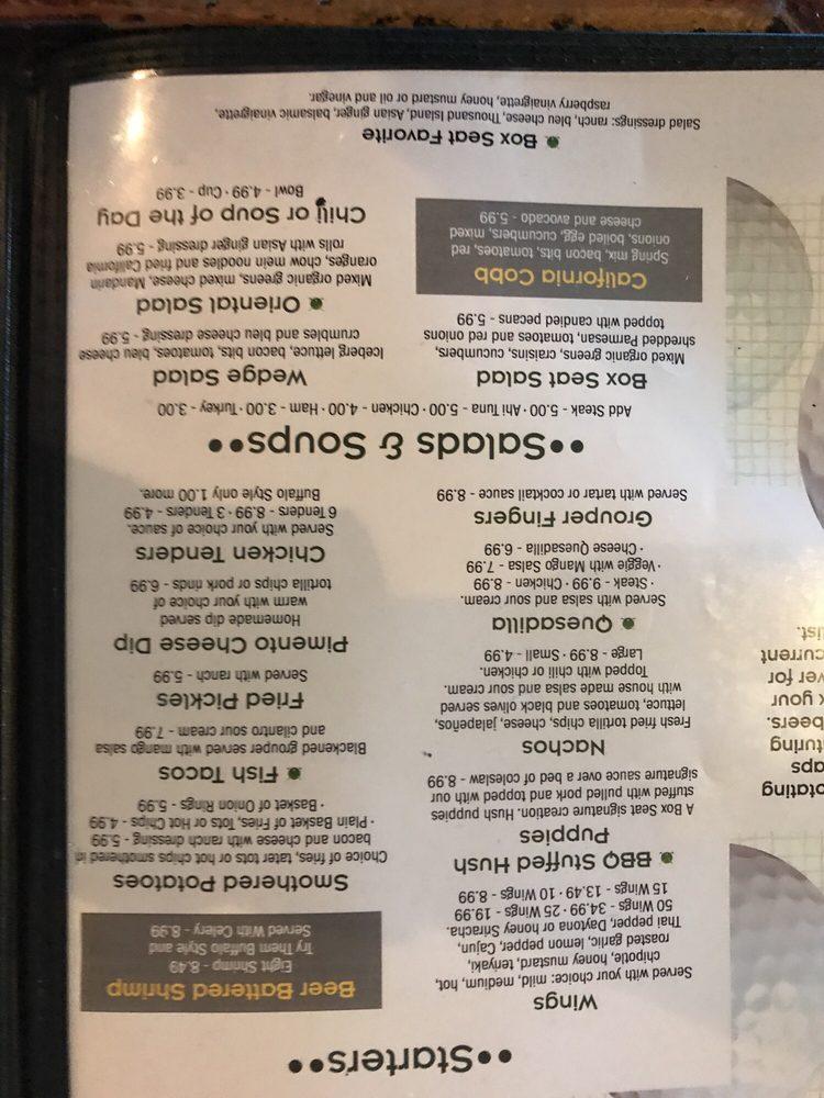 Menu at Box Seat pub & bar, Greensboro, High Point Rd E