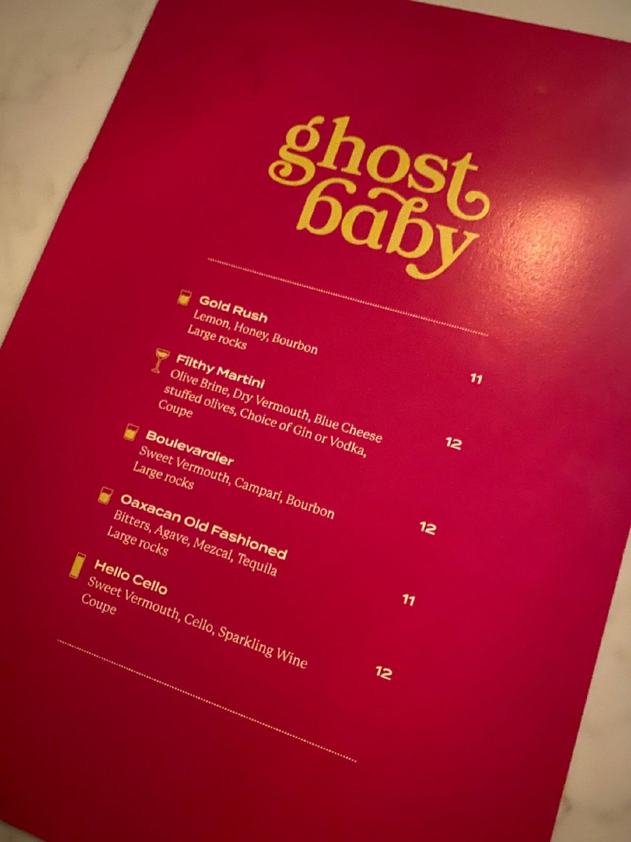 Menu at Ghost Baby pub & bar, Cincinnati