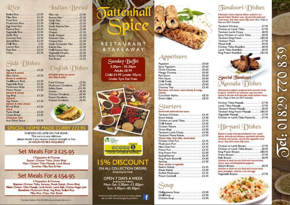 Menu at Tattenhall Spice restaurant, Tattenhall