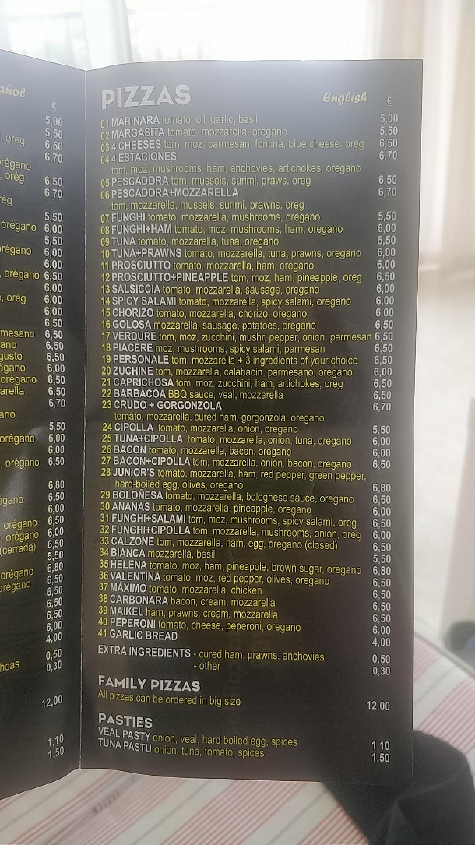 Carta de pizzería Junior's Pizza, Nerja