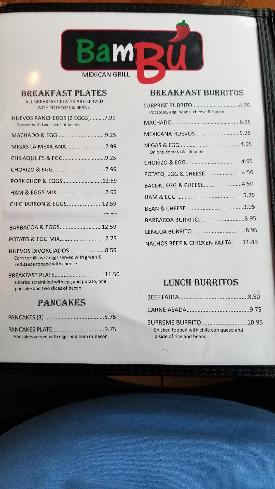 Menu at Bambú restaurant, Galveston