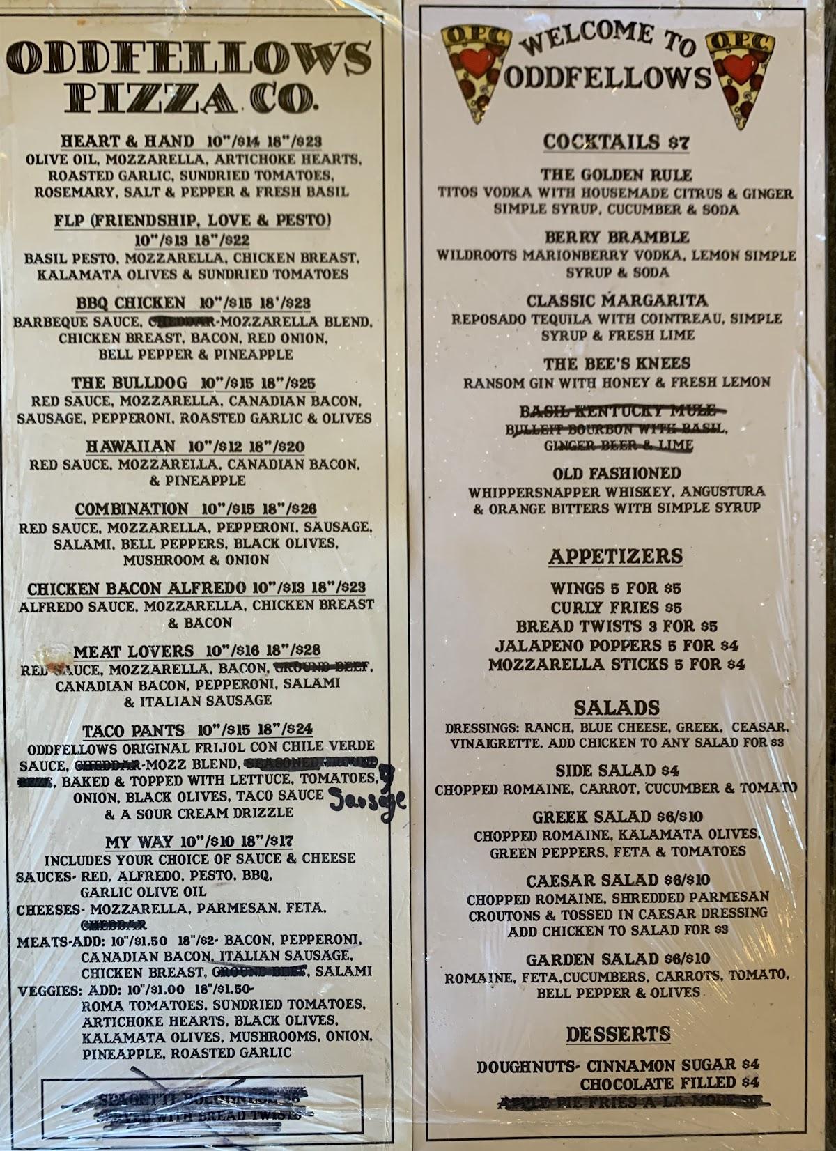 Menu at Odd Fellows Pizza Co. pizzeria, Willamina