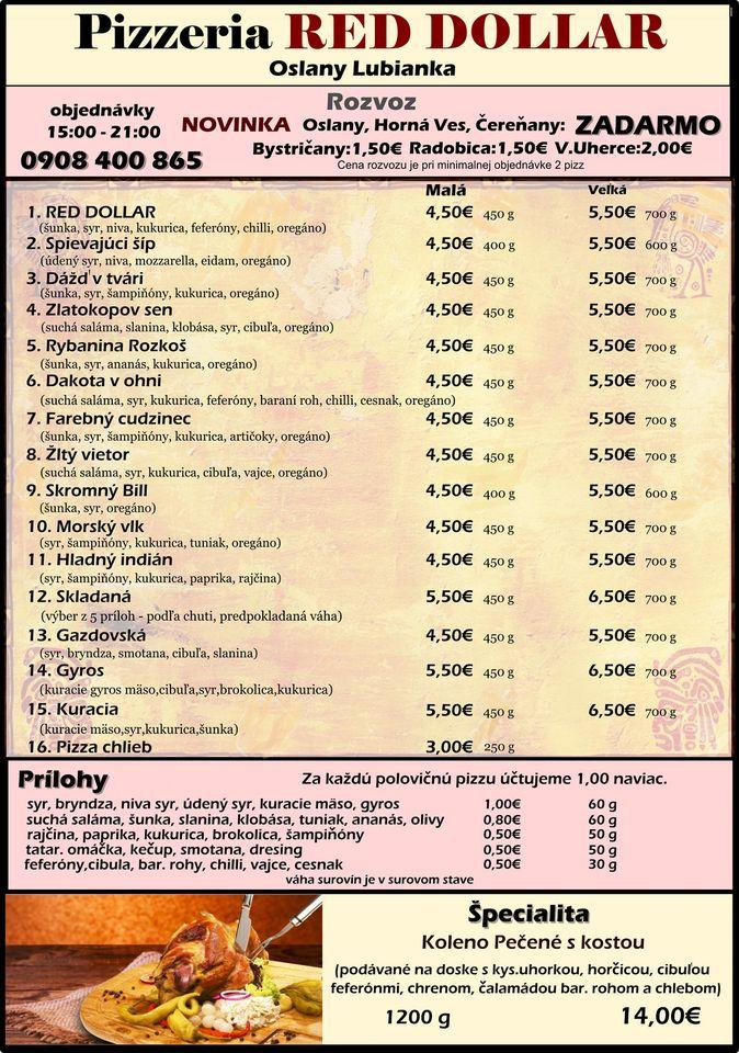 Menu at Red Dollar Pizzeria, Oslany