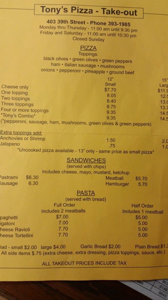 Menu at Tony's Pizza pizzeria, Ogden, 403 39th St