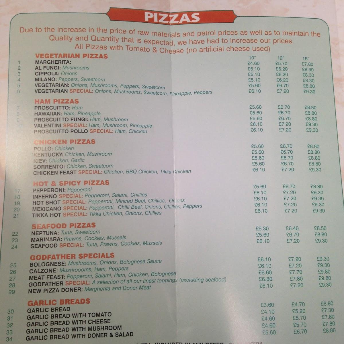 Menu at Godfathers pizzeria, Darlington