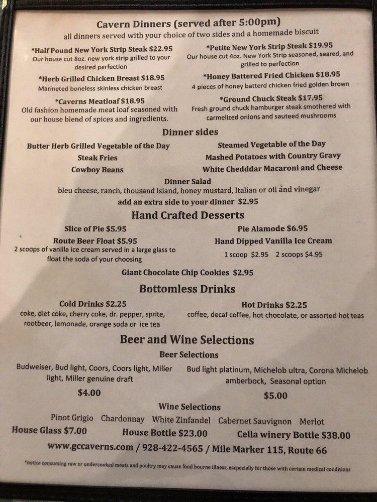 Menu At Grand Canyon Caverns Grotto Restaurant Usa