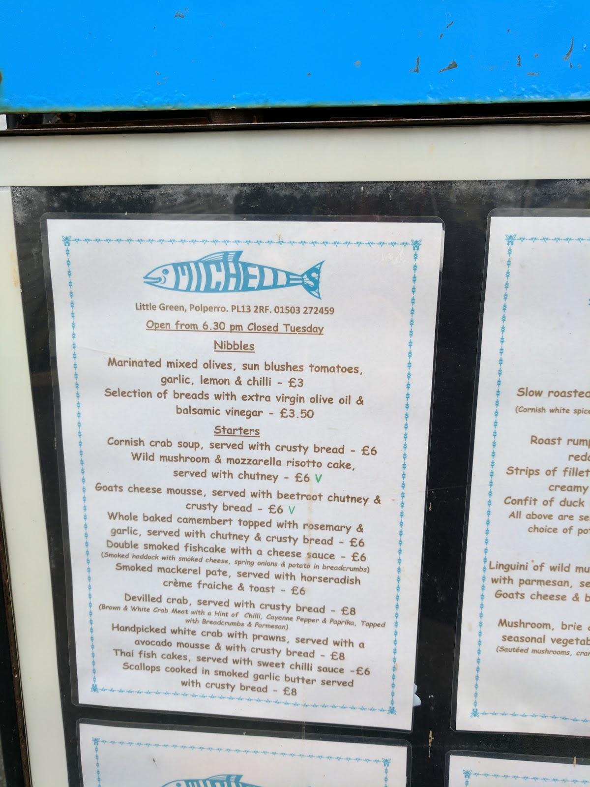 Menu at Michelle's Restaurant, Polperro