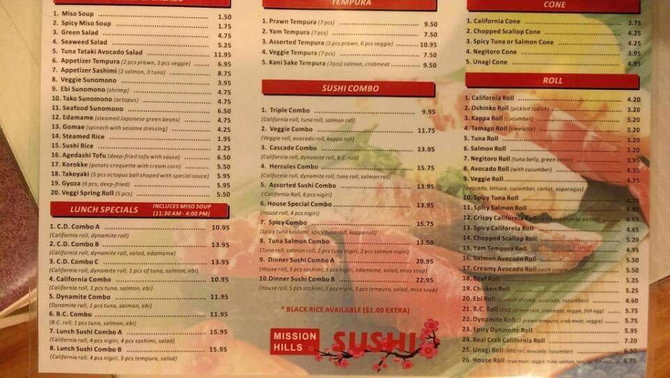 Menu at Mission Hills Sushi restaurant, Mission, Lougheed Hwy. 216