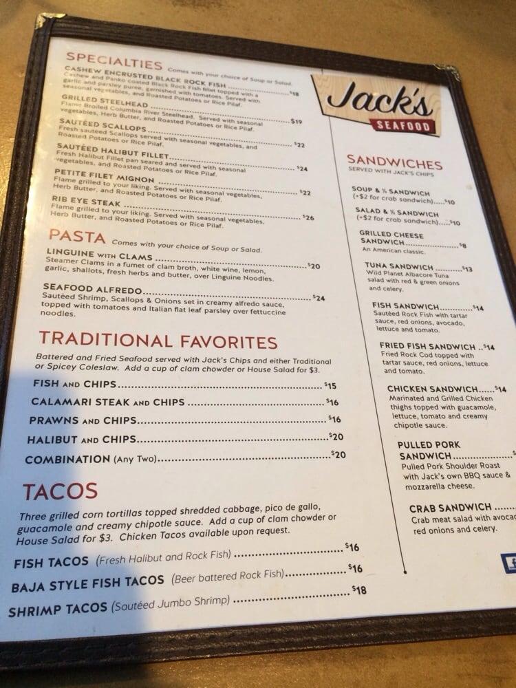 Menu at Jack's Seafood restaurant, Eureka