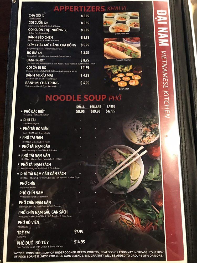 Menu at Pho Dai Nam Vietnamese Kitchen restaurant, Norcross