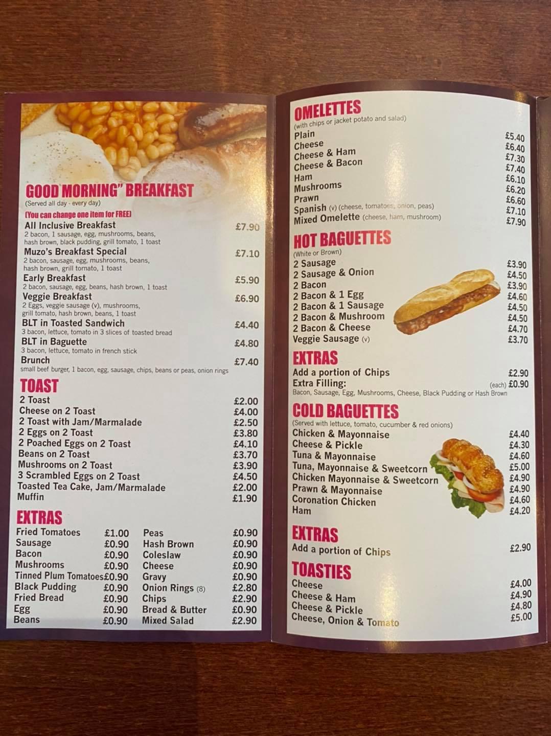 Menu at Muzos Cafe, Cinderford