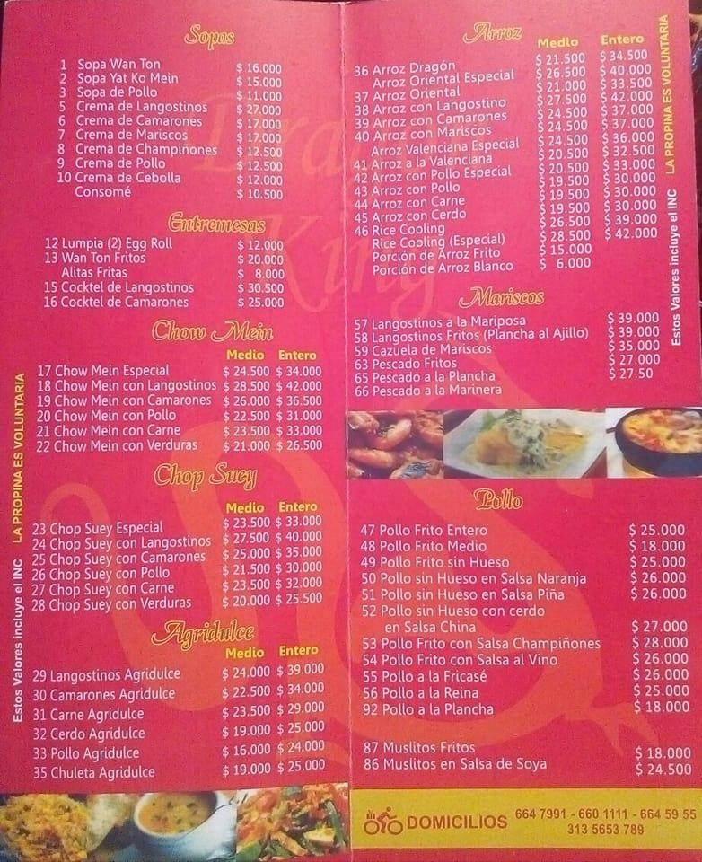 Menu at Restaurante Dragon King, Cartagena