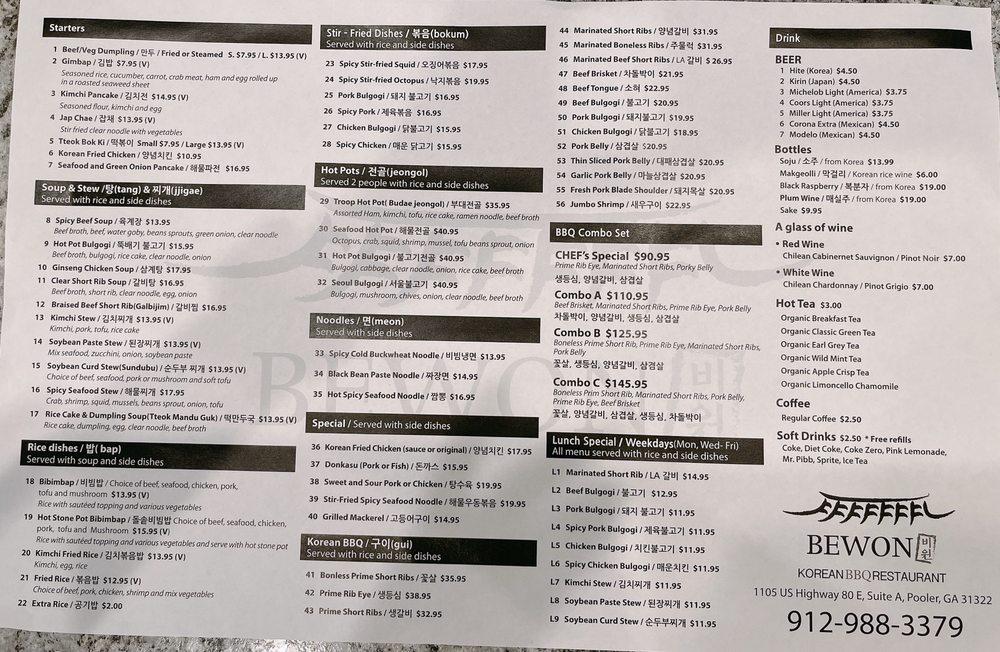 Menu at Bewon Korean BBQ Restaurant, Pooler
