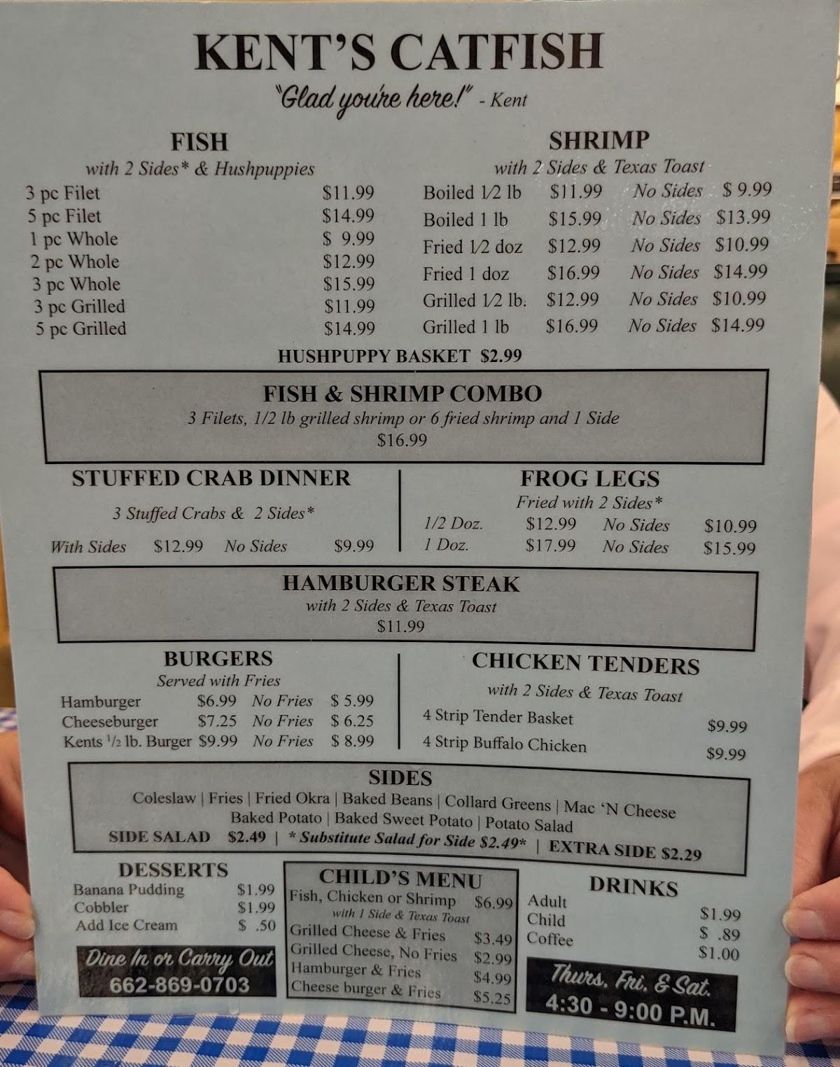 Menu at Kent's Catfish restaurant, Saltillo, 123 Industrial Park Rd