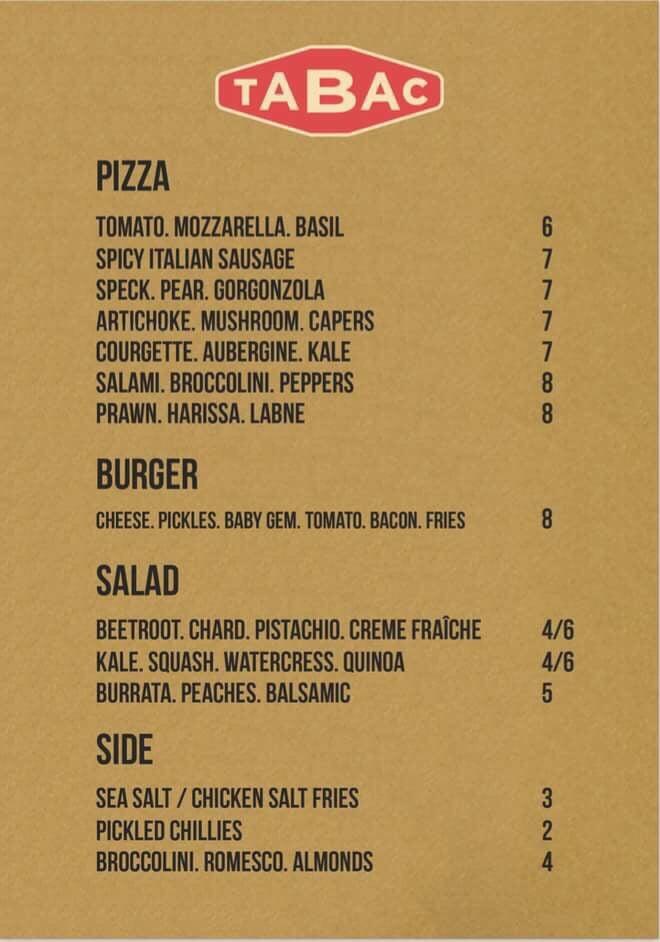 Menu at Tabac pub & bar, Glasgow, 10 Mitchell Ln