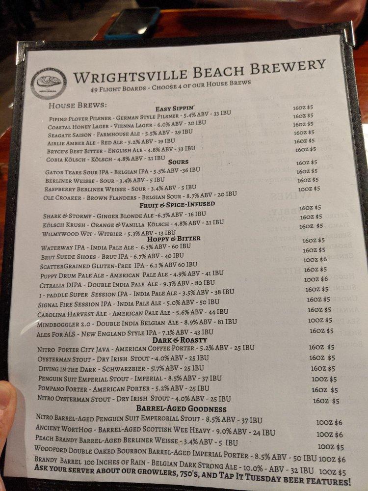 Menu at Wrightsville Beach Brewery pizzeria, Wilmington