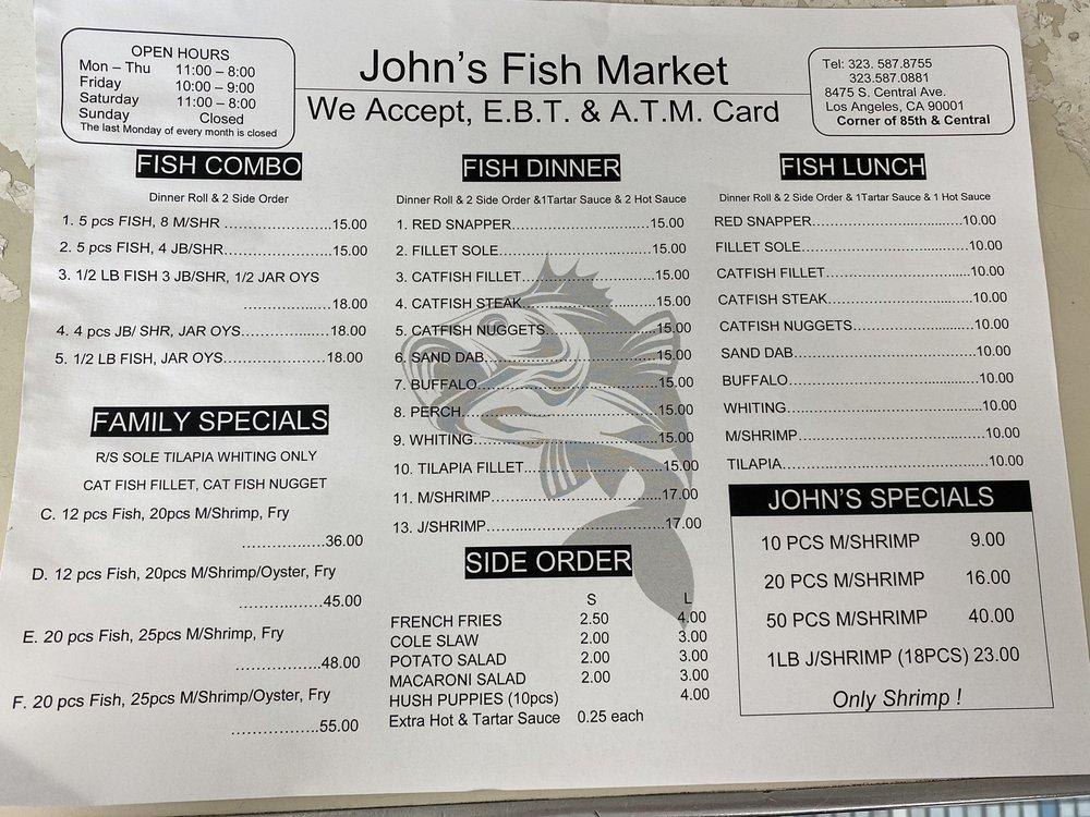 Menu at John's Fish Market restaurant, Los Angeles