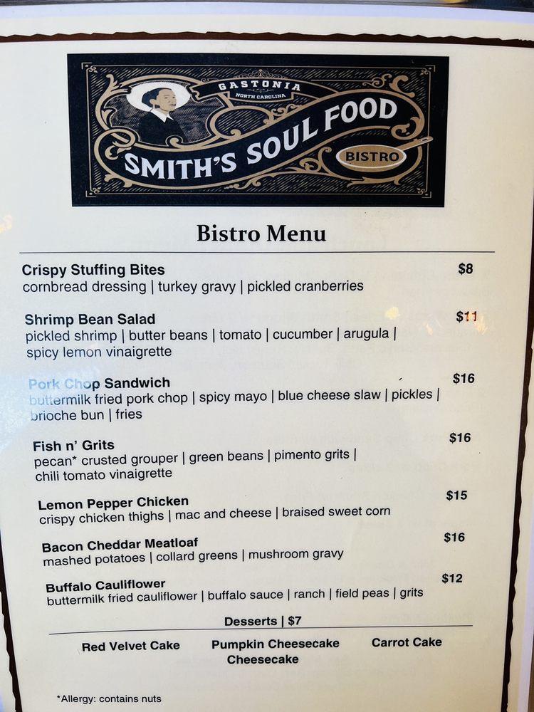 Menu at Smith's Soul Food Bistro restaurant, Gastonia