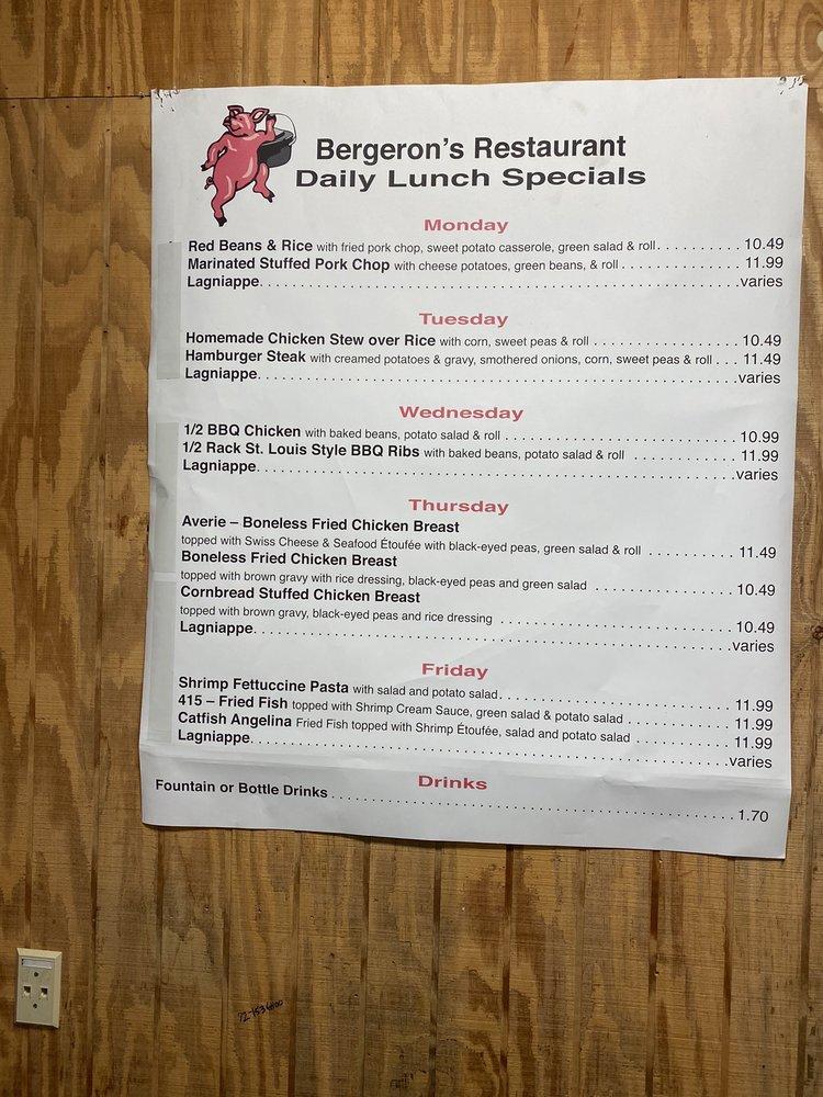 Menu at Bergeron's Restaurant, Port Allen