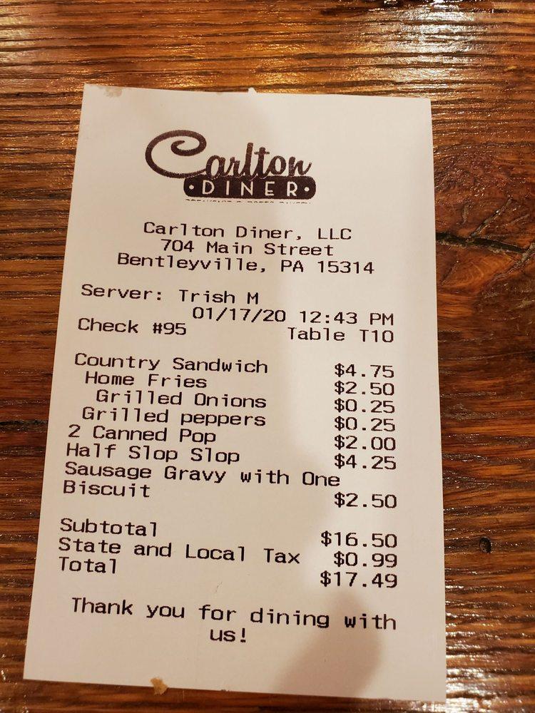 Menu at Carlton Diner restaurant, Bentleyville, 704 Main St