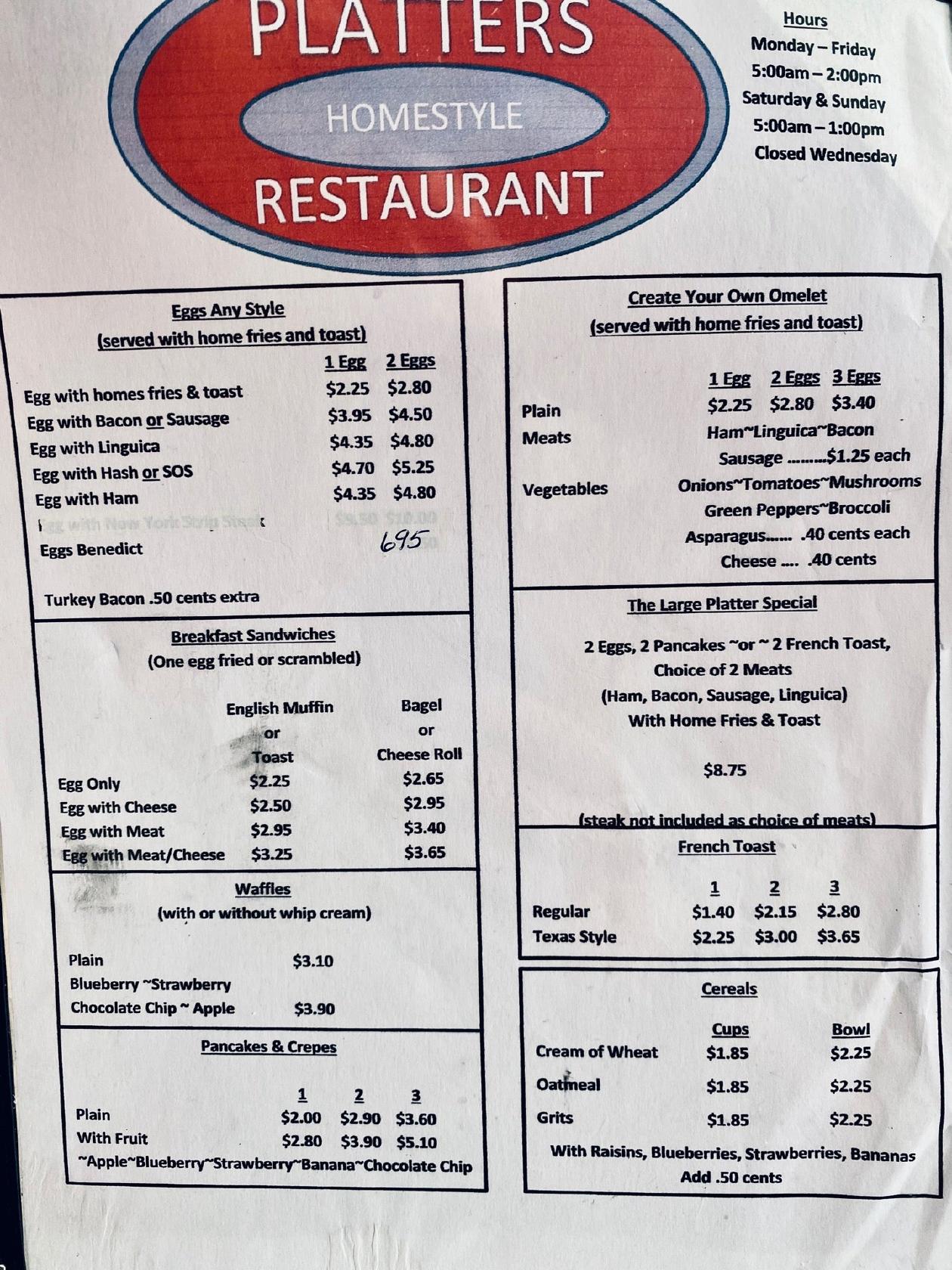 Menu at Platters Restaurant, New Bedford