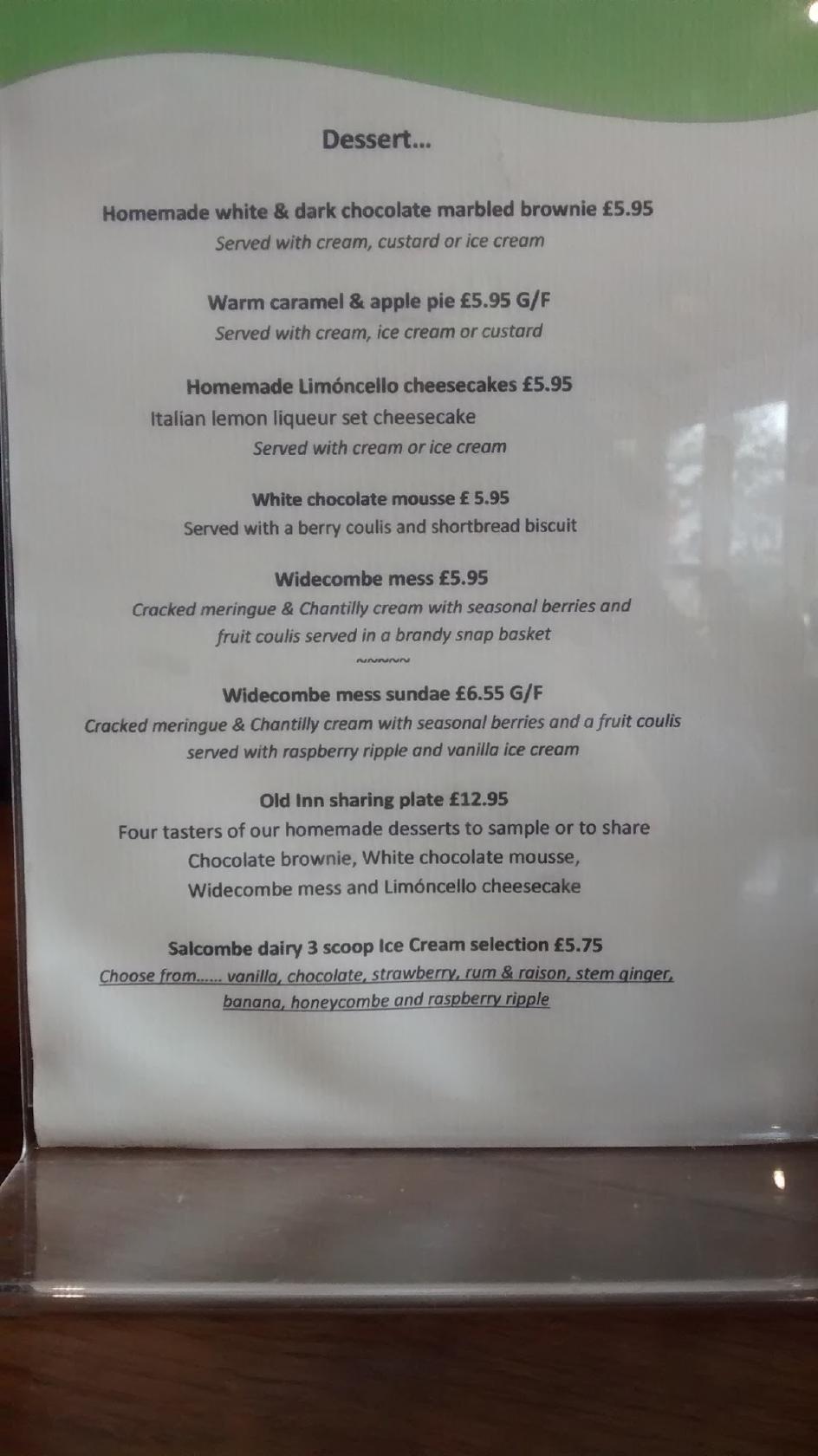 Menu at The Old Inn pub & bar, Widecombe in the Moor