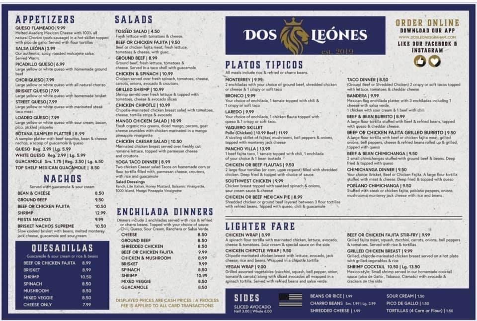 Menu at Dos Leones restaurant, Graham, TX16