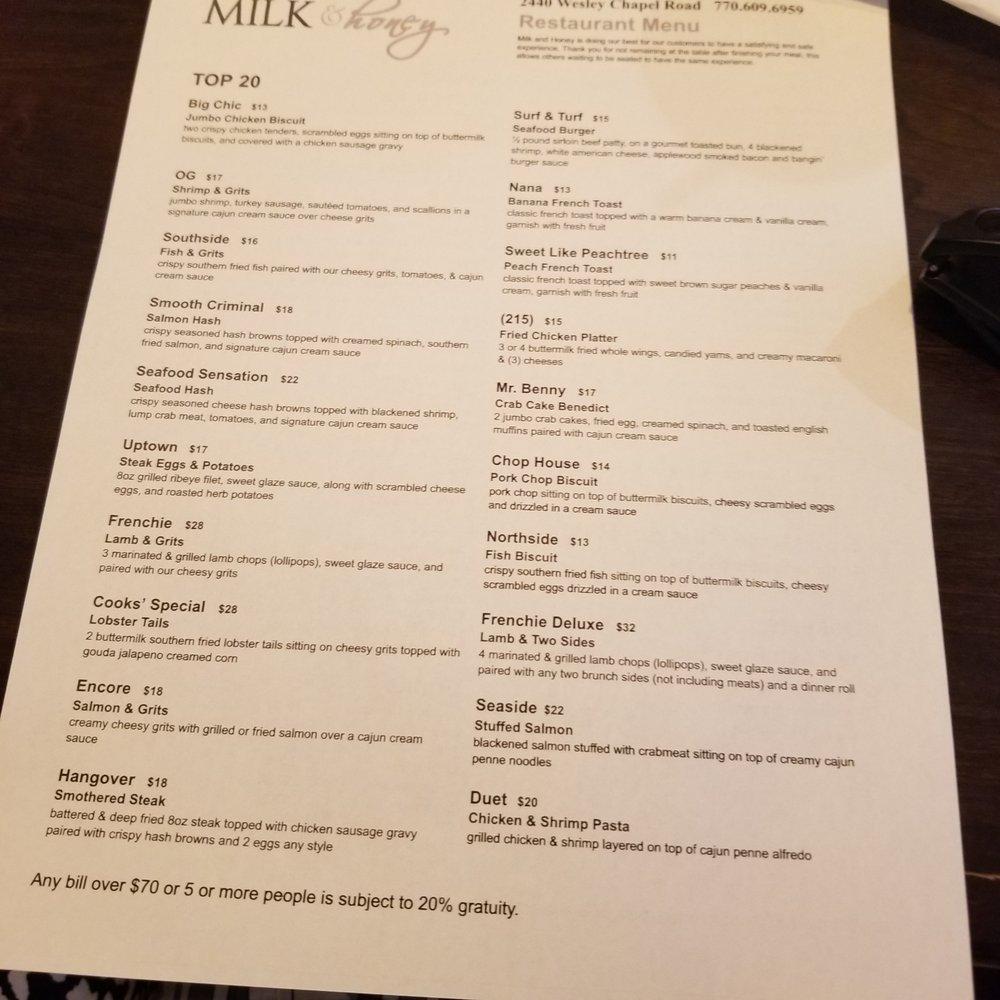 Menu at Milk & Honey Restaurant at Wesley Chapel, Candler-McAfee