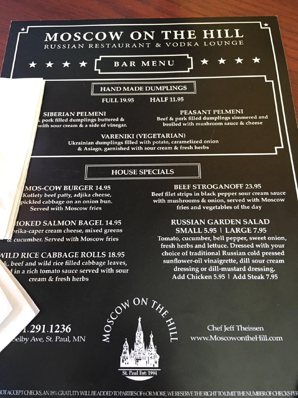 Menu at Moscow on the Hill pub & bar, Saint Paul