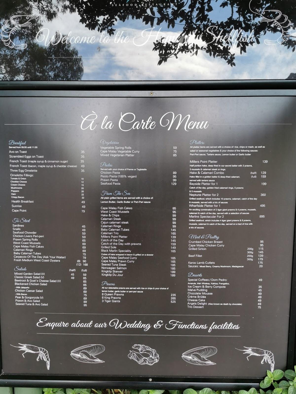 Menu at Black Marlin Restaurant, Cape Town, Millers Point