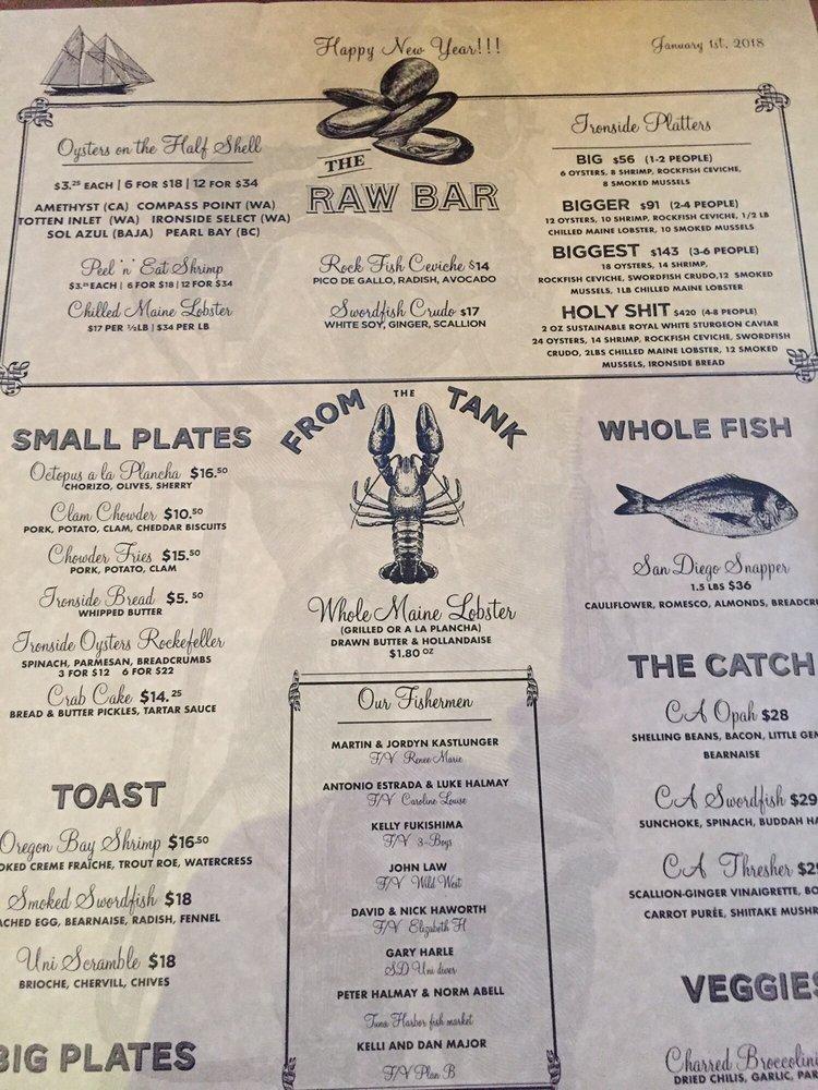 Menu at Ironside Fish & Oyster restaurant, San Diego, India St