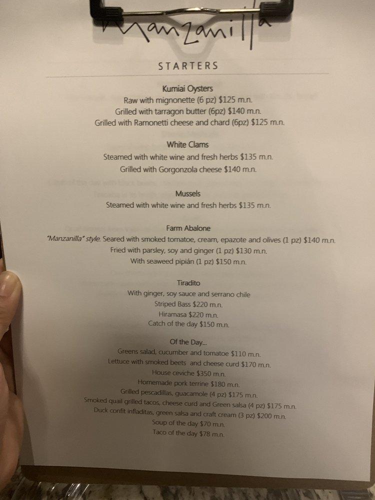 Carta del restaurante Manzanilla, Ensenada, Av. Teniente José Azueta 139