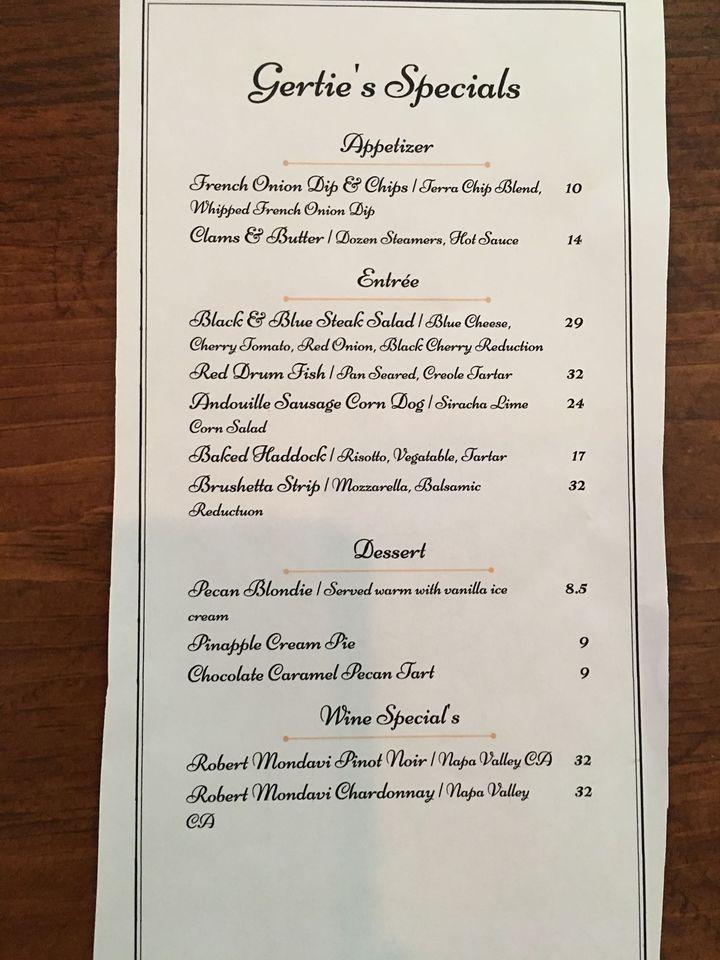Menu at Gertie's Restaurant, Clarence Center