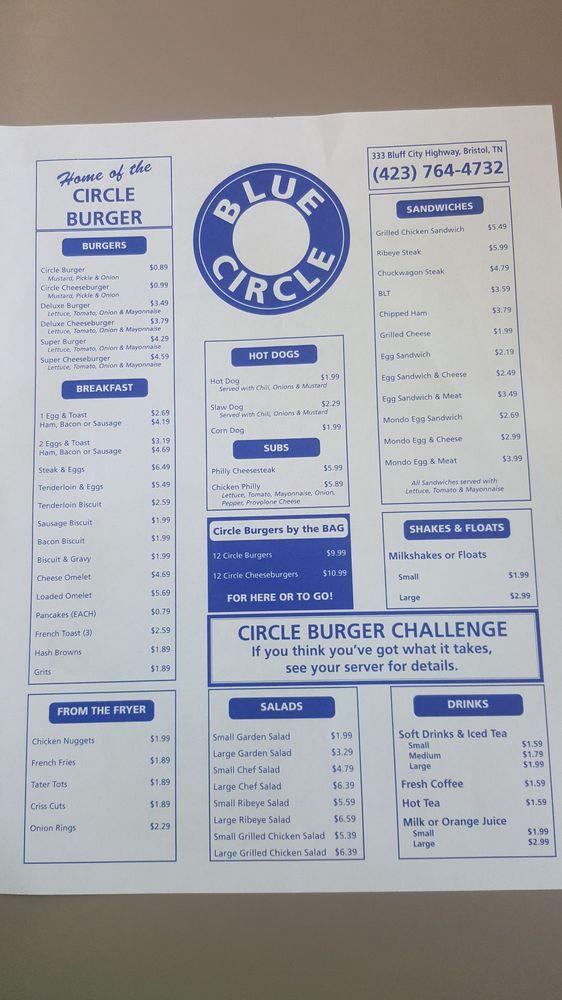 Menu at Blue Circle restaurant, Bristol, 333 Bluff City Hwy