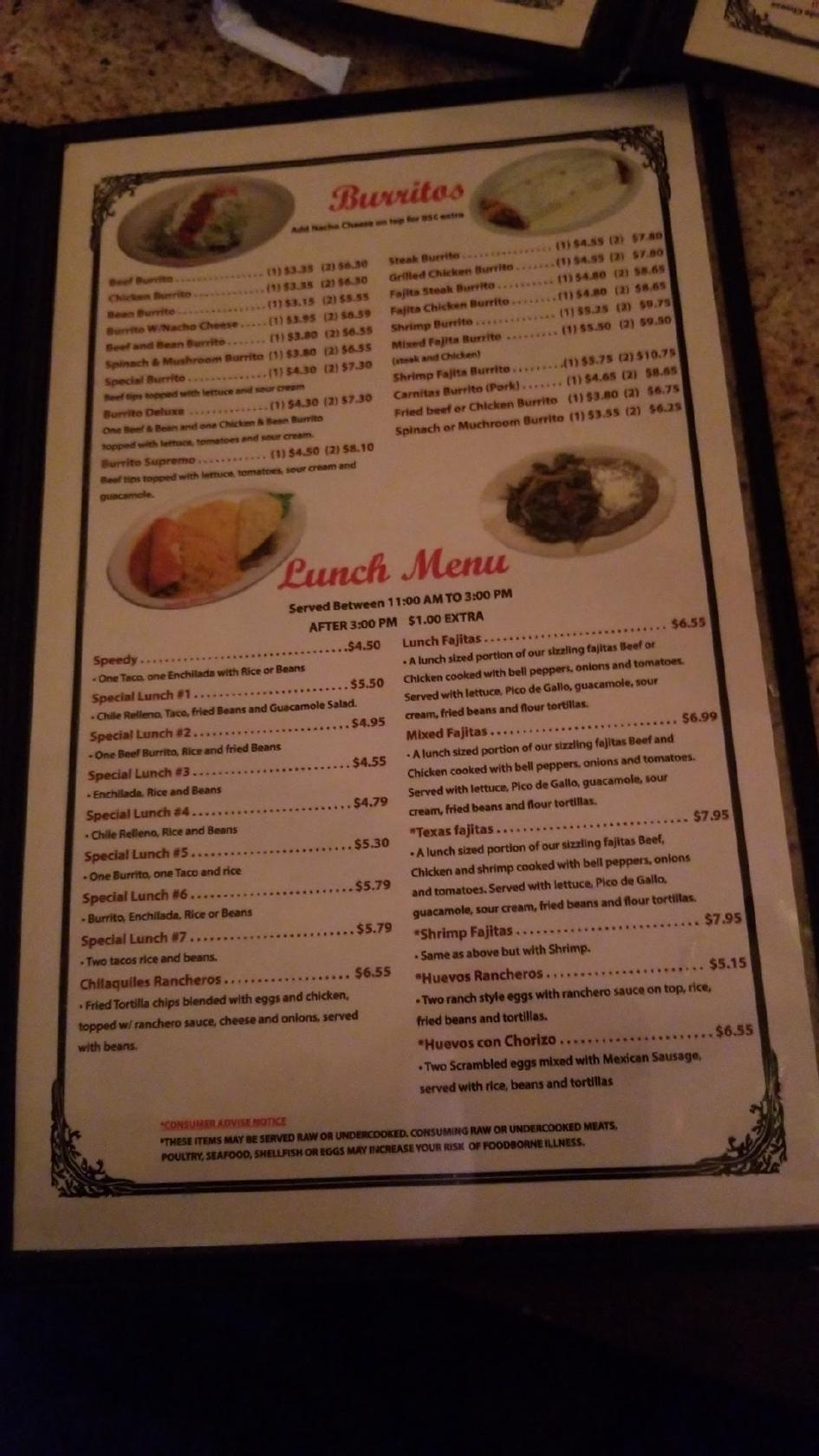 Menu at El Ranchero restaurant, Woodstock, Rose Creek Dr