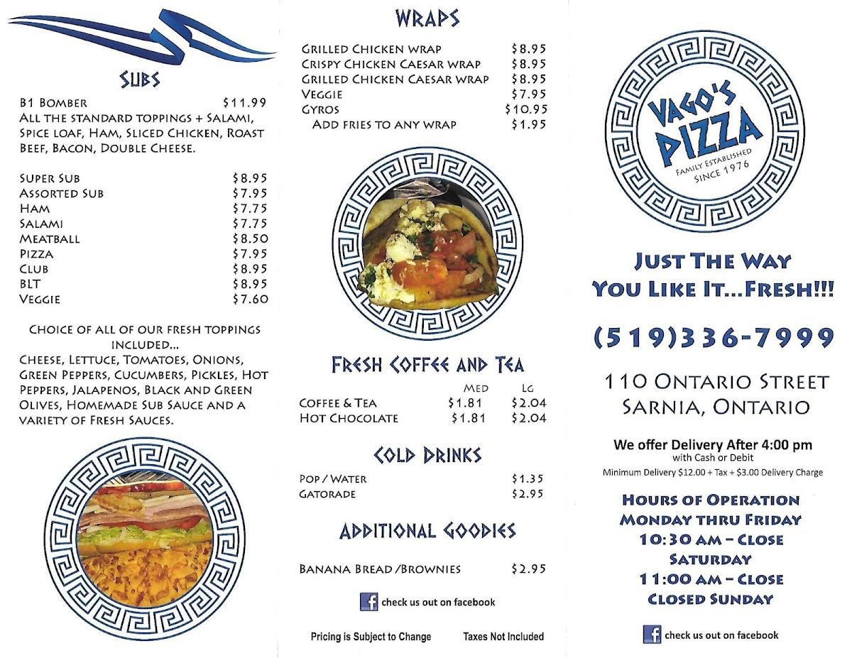 Menu at Vago's Family Pizza restaurant, Sarnia, 110 Ontario St