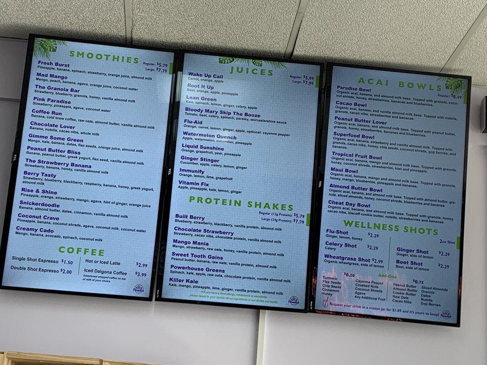 Menu at Juice Paradise pub & bar, Jacksonville