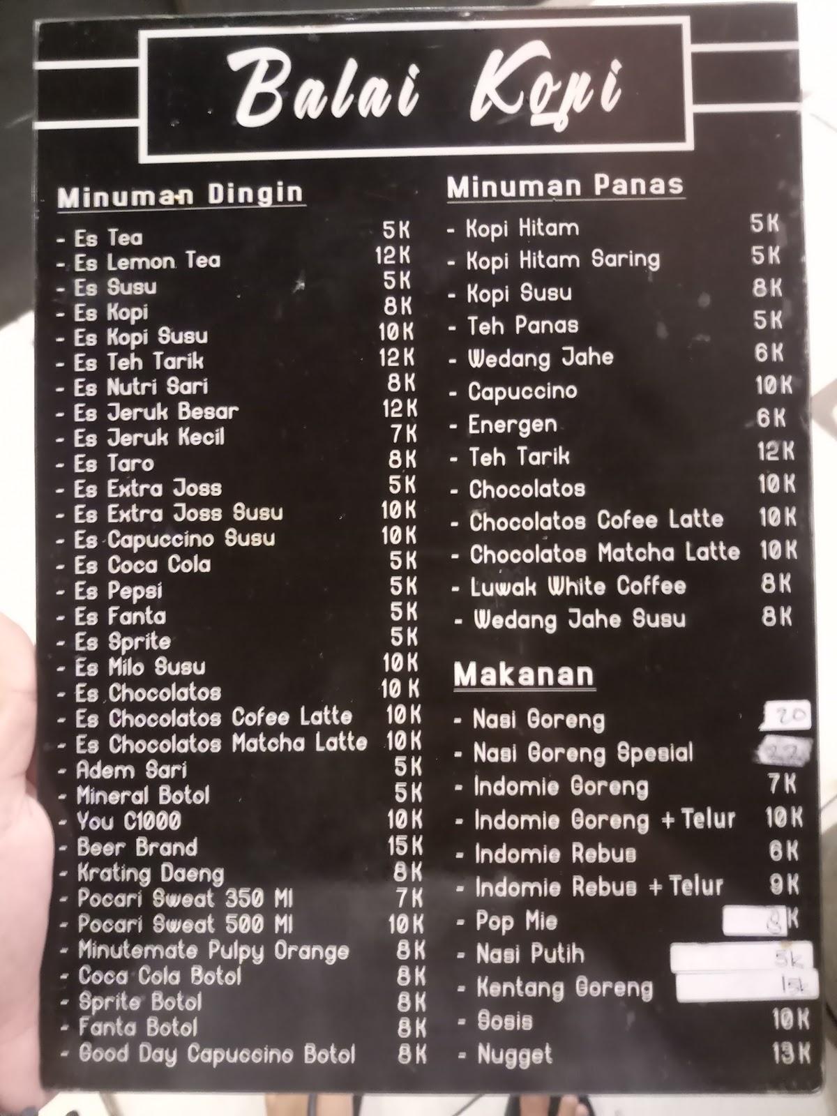 Menu at Balai Kopi cafe, Raya River