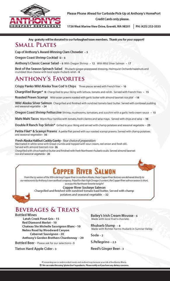 Menu at Anthony's HomePort Everett restaurant, Everett