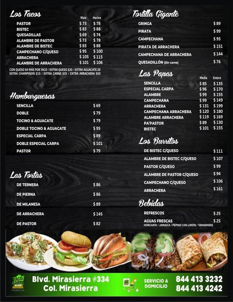 Carta del restaurante Taco Carpa, Saltillo, Blvrd Mirasierra 334