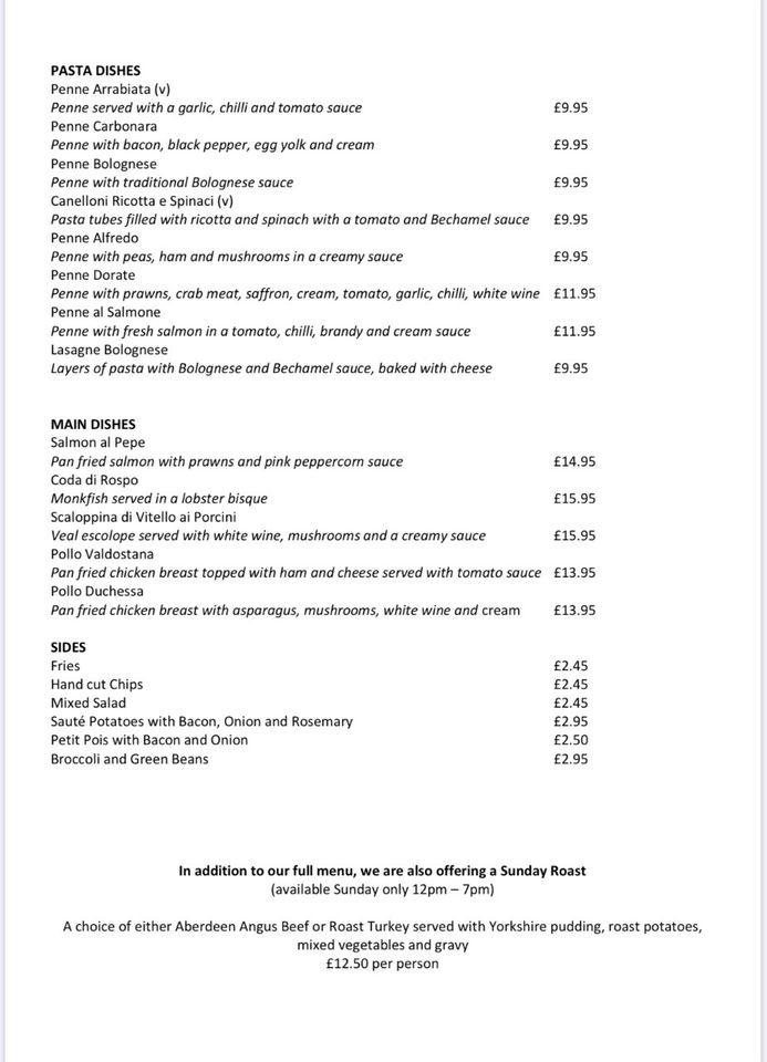 Menu at San Giovanni restaurant, Atherstone