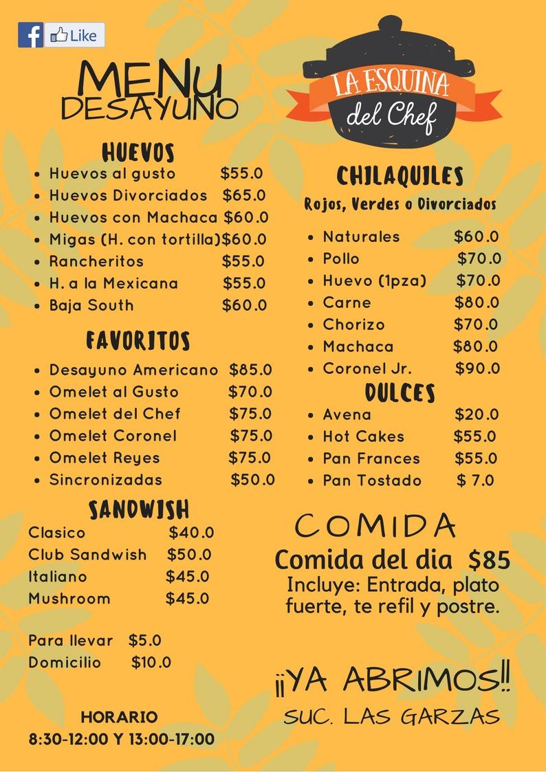 Menu at La Esquina del Chef restaurant, La Paz, 23070 La Paz