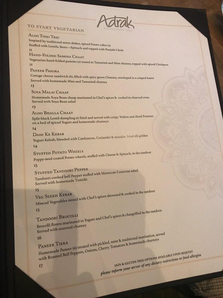 Menu at Adrak Restaurant, Richmond Hill,