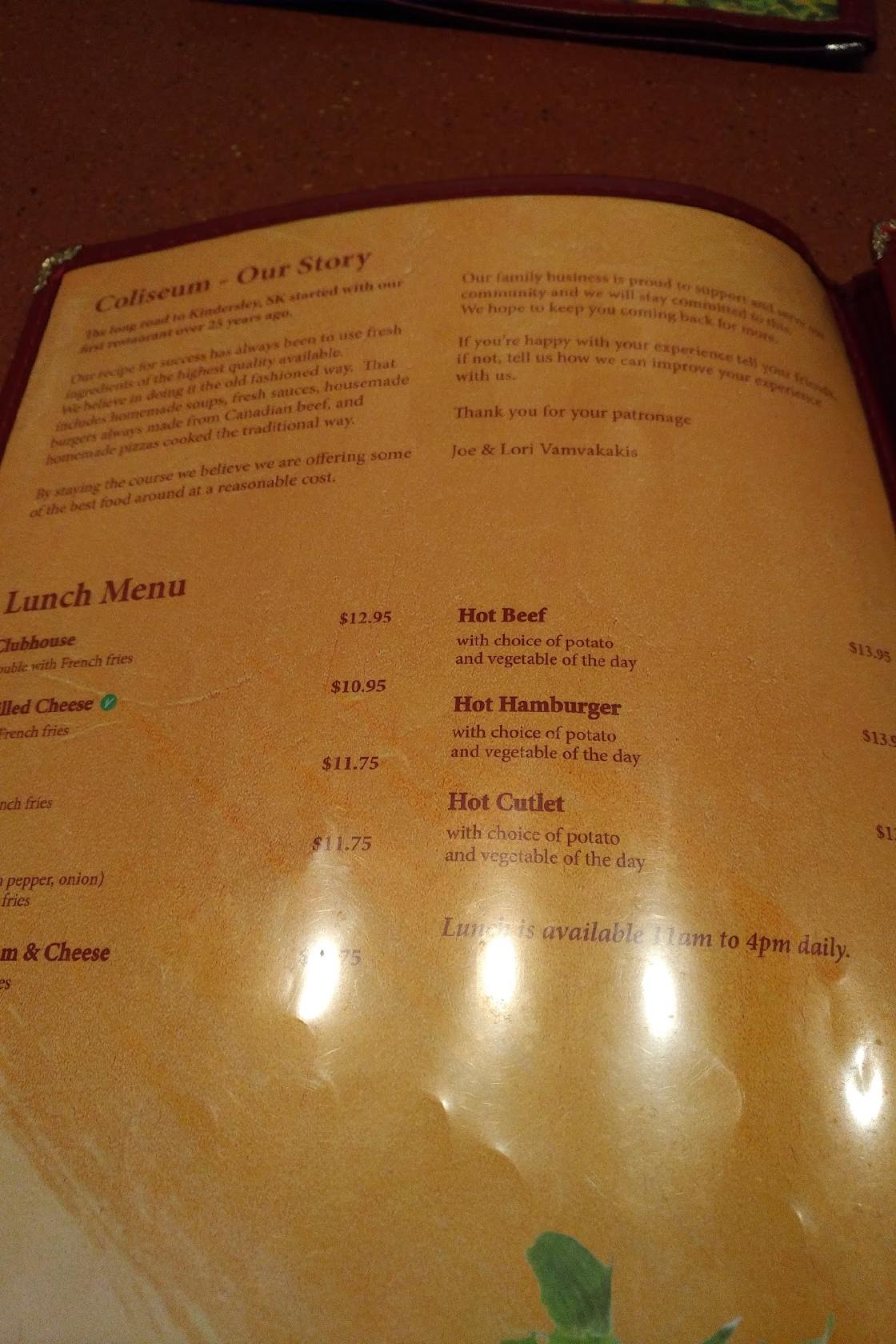 Menu at Coliseum Mediterranean Grill restaurant, Kindersley