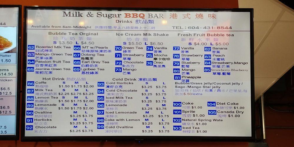 Menu at Milk and Sugar BBQ Bar, Vancouver