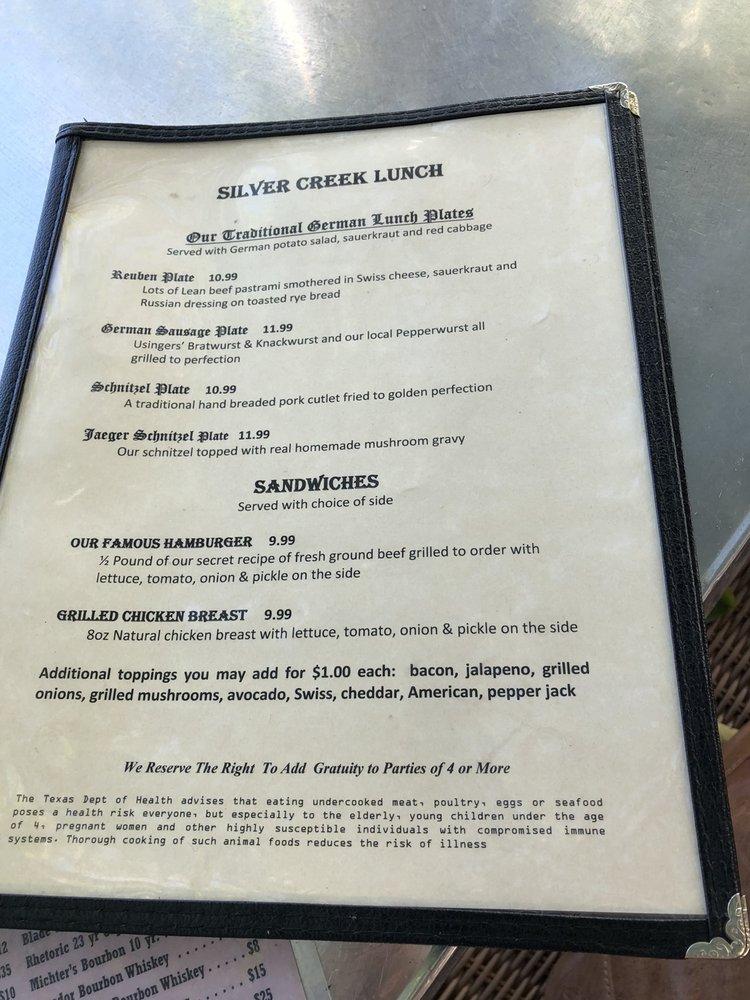 Menu at Silver Creek Beer Garden & Grille pub & bar, Fredericksburg