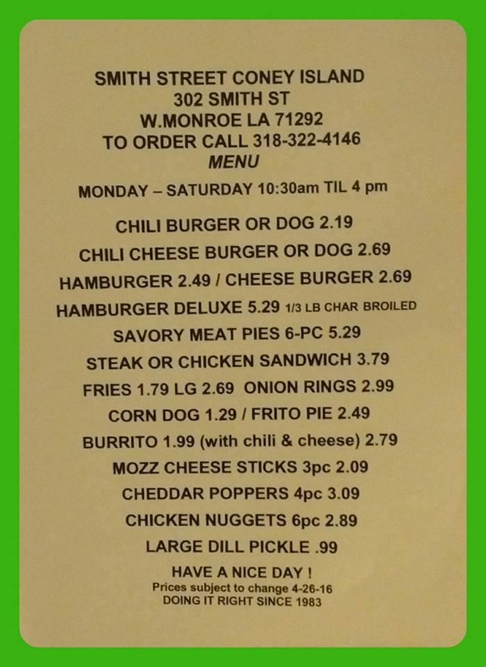 Menu at Smith Street Coney Island restaurant, West Monroe