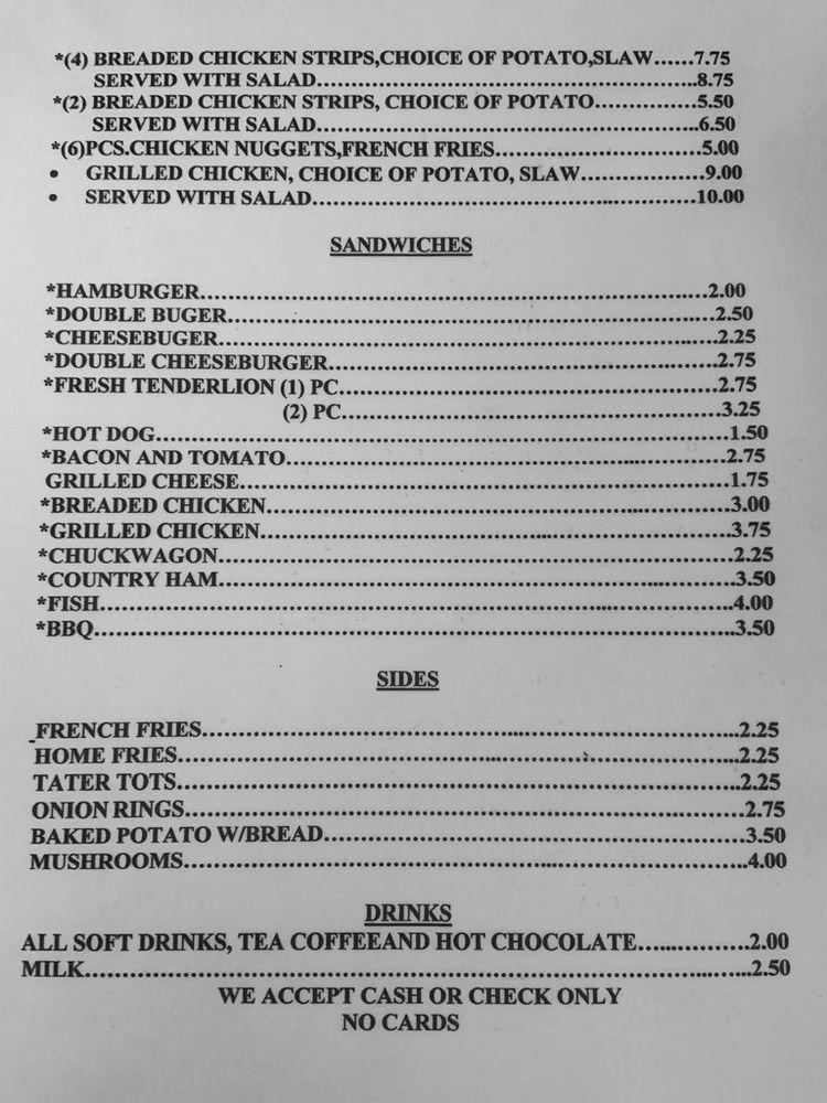 Menu at Harper's Catfish restaurant, Scottsville