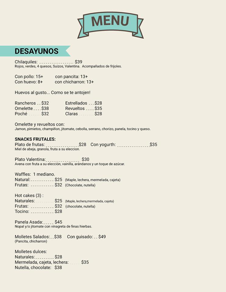 Menu at La Valentina restaurant, Guadalajara, Calle Vidrio 2133